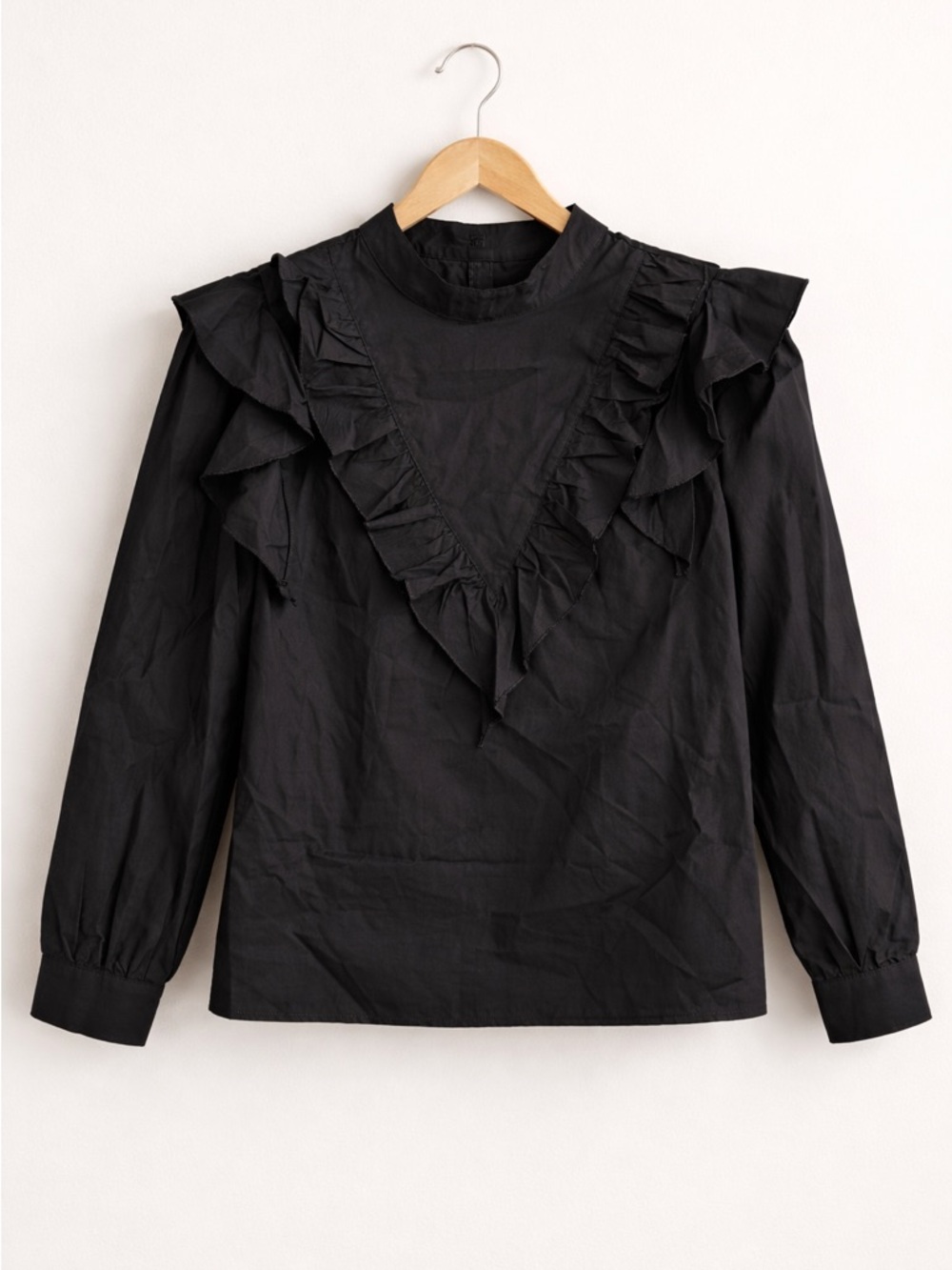 Boohoo Black Ruffle V-Paneled Blouse - Women Tops